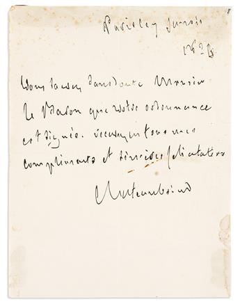 CHATEAUBRIAND, FRANÇOIS RENÉ DE. Small archive of 6 letters Signed, Chateaubriand, and an unsigned note, to the Baron de Vitrolles or